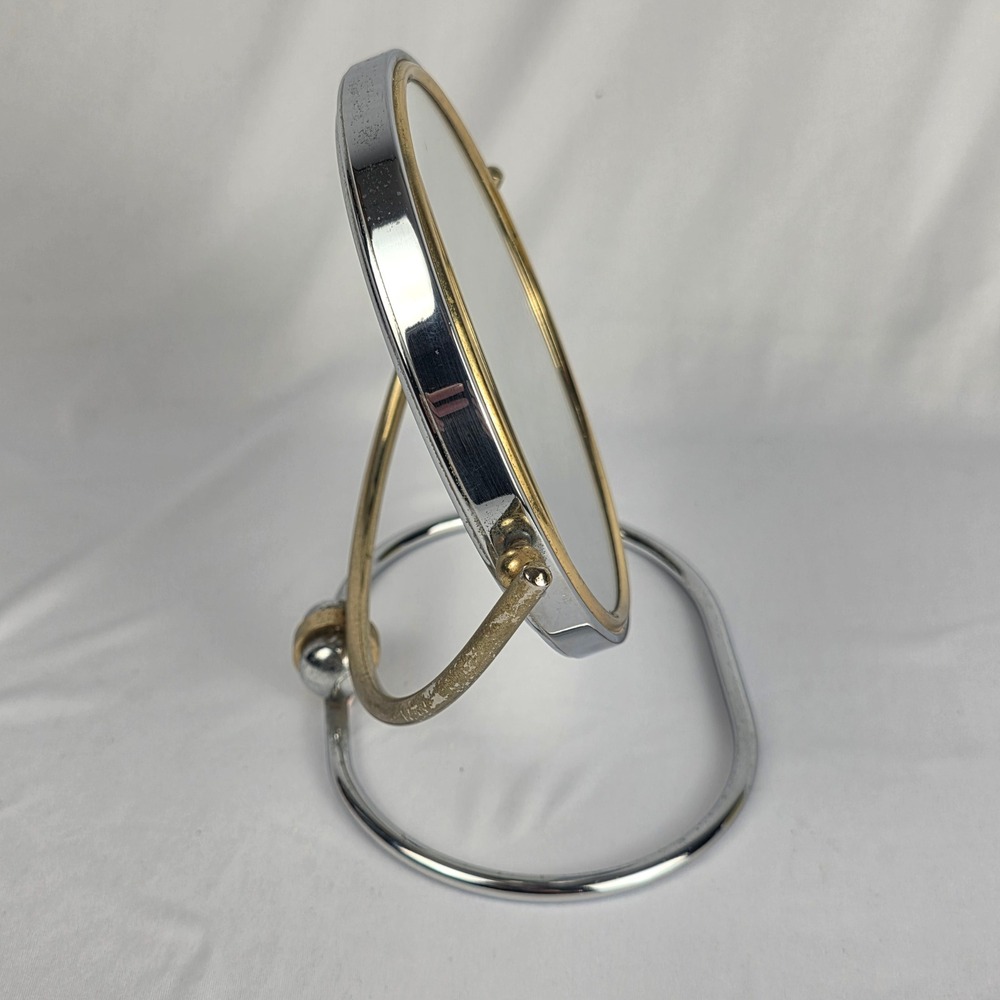 Vintage 5" Double Sided Folding Magnifying Travel Vanity Mirror MCM Chrome Brass - Picture 2 of 13